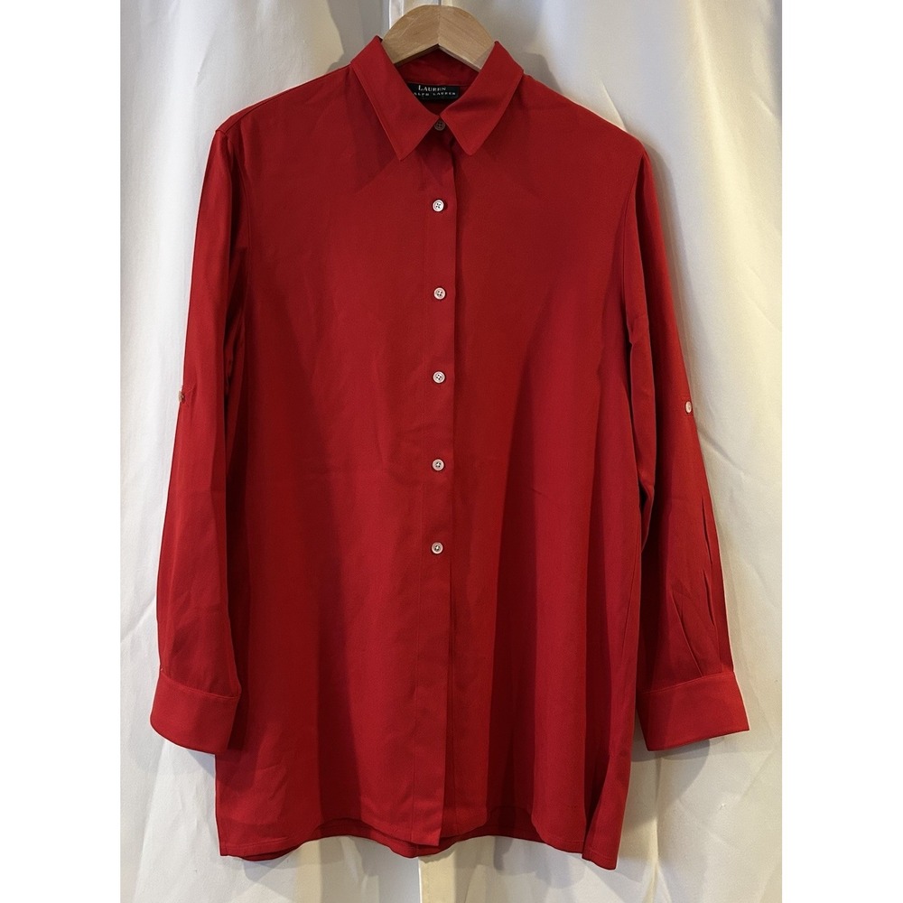 Ralph Lauren Button Down Shirt blouse Roll Tab Sleeve Red‎